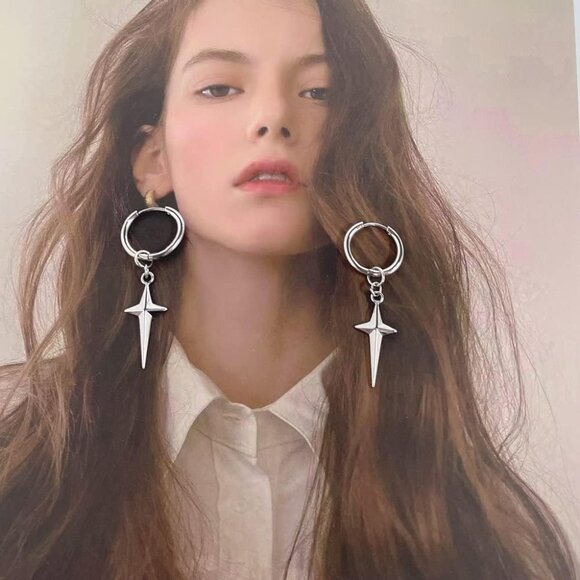 Stainless Steel Punk Cross Star Dangle Earrings for Men Women, Hypoallergenic, L - Picture 5 of 6